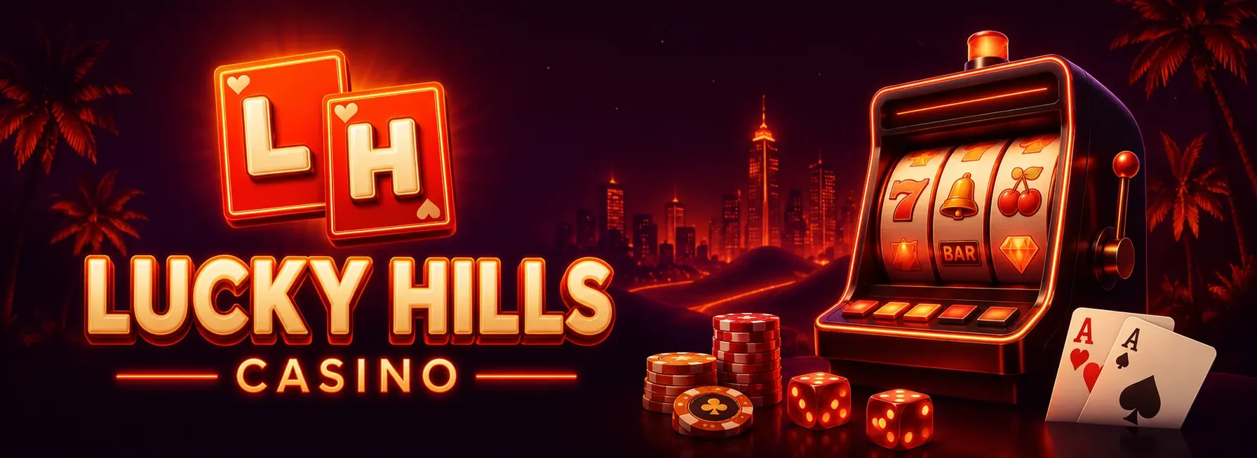Lucky Hills Casino Willkommensbonus bis 400 € plus 100 Freispiele auf einem Miami-Sunset-Banner